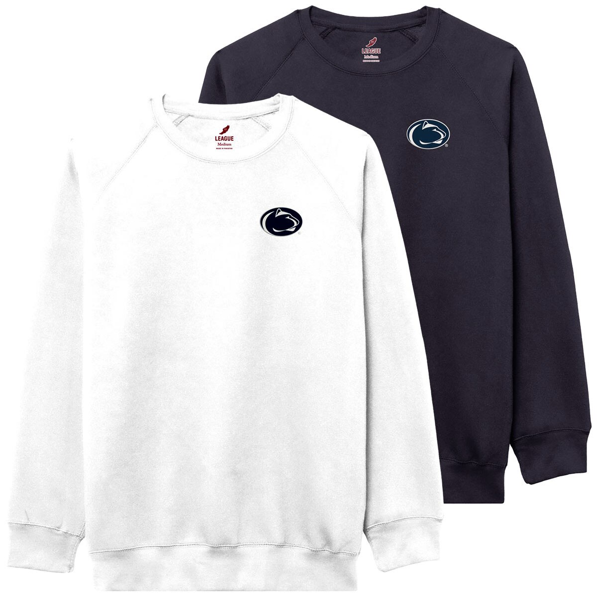 white and navy crew neck sweatshirts with Penn State Athletic Logo on left chests